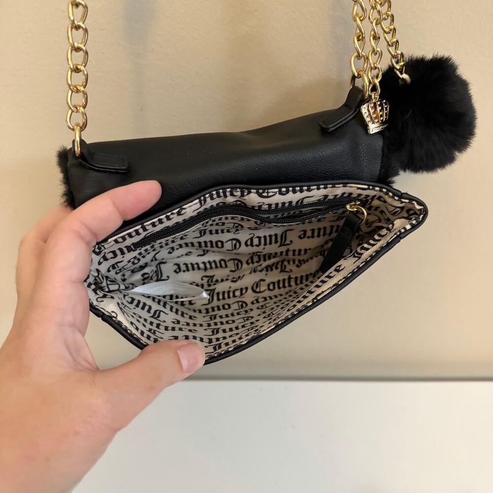 Juicy Couture Crossbody Bag Faux Fur Black Y2K Glam Aesthetic Pompom Chain Strap - Picture 9 of 11